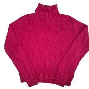 Ralph Lauren Sport Size L Pink Cable Knit Turtleneck Sweater 100% Cotton Preppy